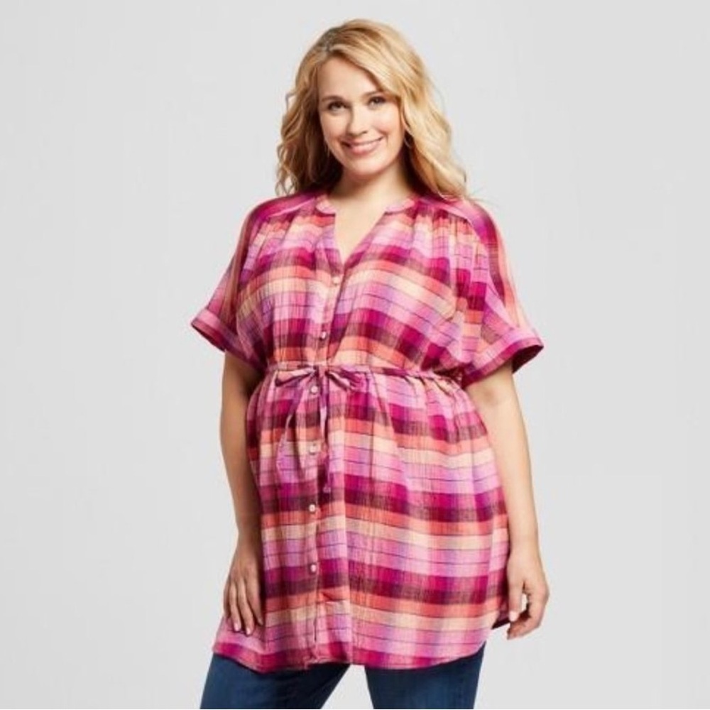 Isabel Maternity by Ingrid & Isabel Pink & Orange Plaid Button-Down Top Size L